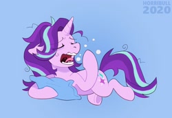 Size: 1448x989 | Tagged: safe, artist:deerspit, character:starlight glimmer, species:pony, species:unicorn, blue background, female, messy mane, pillow, simple background, sleepy, solo, yawn