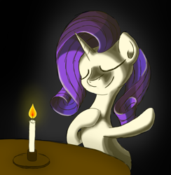 Size: 1173x1200 | Tagged: safe, artist:itchystomach, character:rarity, species:pony, species:unicorn, candle, digital art, eyes closed, female, hooves to the chest, solo, table