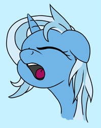 Size: 1505x1892 | Tagged: safe, artist:itchystomach, character:trixie, species:pony, species:unicorn, blue background, bust, eyes closed, female, floppy ears, mare, messy mane, open mouth, simple background, solo, yawn, yelling