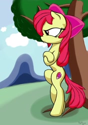 Size: 2008x2841 | Tagged: safe, artist:itchystomach, character:apple bloom, species:earth pony, species:pony, adorabloom, annoyed, apple bloom is not amused, bipedal, crossed arms, cute, female, lidded eyes, nose wrinkle, pouting, solo, tree, unamused