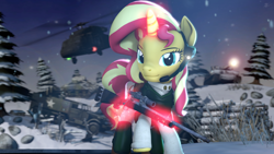 Size: 3840x2160 | Tagged: safe, artist:alicorntwilysparkle, character:sunset shimmer, species:pony, species:unicorn, 3d, battlefield, gun, halftrack, helicopter, revamped ponies, rifle, sniper rifle, source filmmaker, tank (vehicle), weapon, winter