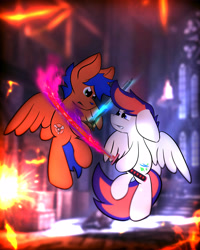 Size: 4000x5000 | Tagged: safe, artist:parabellumpony, oc, oc only, oc:griffin, oc:zephyr leaf, species:pegasus, species:pony, commission, fight, flame sword, male, sword, weapon