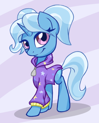 Size: 2402x3005 | Tagged: safe, artist:itchystomach, gameloft, character:trixie, species:pony, species:unicorn, babysitter trixie, bandwagon, clothing, cute, diatrixes, female, gameloft interpretation, high res, hoodie, looking at you, meme, solo
