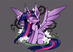 Size: 7000x5000 | Tagged: safe, artist:martazap3, derpibooru original, character:twilight sparkle, character:twilight sparkle (alicorn), species:alicorn, species:pony, species:unicorn, episode:princess twilight sparkle, episode:the last problem, g4, my little pony: friendship is magic, absurd resolution, big ears, blep, cheek fluff, eyes closed, female, flower, gray background, horn, mare, princess twilight 2.0, simple background, sitting, solo, spread wings, tongue out, wings