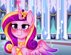 Size: 1295x1000 | Tagged: safe, artist:meqiopeach, character:princess cadance, species:alicorn, species:crystal pony, species:pony, big eyes, blushing, crystal empire, digital art, female, full background, heart, hoof shoes, horn, jewelry, love, magic, necklace, pink, princess, purple, raised hoof, smiling, solo, wings