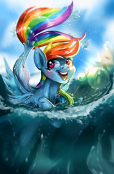 Size: 1210x1849 | Tagged: safe, artist:rottengotika, character:rainbow dash, species:pegasus, species:pony, species:seapony (g4), female, open mouth, seaponified, seapony rainbow dash, smiling, solo, species swap, water