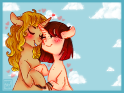 Size: 600x450 | Tagged: safe, artist:meqiopeach, oc, oc only, species:pony, species:unicorn, blushing, cloud, couple, cute, drawing, female, freckles, heart, hug, love, male, mare, nature, shipping, simple background, sky, smiling, stallion