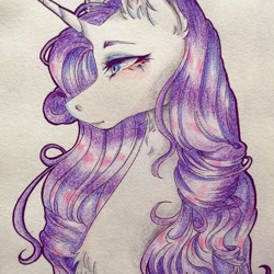Size: 1080x1080 | Tagged: dead source, safe, artist:mayguay, character:rarity, species:pony, species:unicorn, bust, chest fluff, colored pencil drawing, ear fluff, female, makeup, mare, portrait, profile, simple background, solo, traditional art, white background