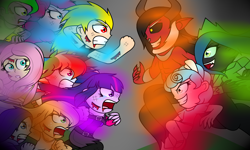 Size: 2000x1200 | Tagged: safe, artist:enderboy1908, character:applejack, character:cozy glow, character:fluttershy, character:lord tirek, character:pinkie pie, character:queen chrysalis, character:rainbow dash, character:rarity, character:sonic the hedgehog, character:spike, character:twilight sparkle, species:centaur, episode:the ending of the end, g4, my little pony: friendship is magic, my little pony:equestria girls, crossover, equestria girls-ified, final battle, human spike, injured, mane six, sonic the hedgehog (series), super sonic, teary eyes, ultimate chrysalis