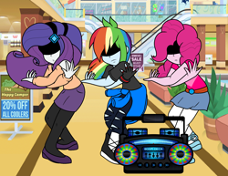 Size: 1816x1404 | Tagged: safe, artist:enderboy1908, character:pinkie pie, character:rainbow dash, character:rarity, my little pony:equestria girls, boombox, crossover, jojo reference, jojo's bizarre adventure, mall, torture dance, vento aureo