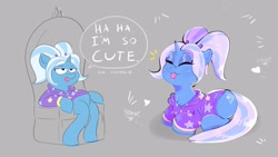 Size: 1920x1080 | Tagged: safe, artist:another_pony, gameloft, character:trixie, species:pony, species:unicorn, alternate hairstyle, babysitter trixie, clothing, crown, cute, dialogue, diatrixes, female, gameloft interpretation, gray background, heart, hoodie, jewelry, pigtails, regalia, simple background, sitting, solo, speech bubble, throne