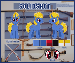 Size: 791x660 | Tagged: safe, artist:angelina-pax, oc, oc only, oc:solidshot, species:pony, species:unicorn, cutie mark, horn, musket, reference sheet, unicorn oc