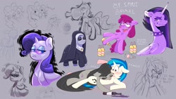 Size: 1920x1080 | Tagged: safe, artist:another_pony, character:berry punch, character:berryshine, character:dj pon-3, character:octavia melody, character:pinkie pie, character:princess celestia, character:princess luna, character:rainbow dash, character:rarity, character:vinyl scratch, oc, species:alicorn, species:earth pony, species:pony, species:unicorn, ship:scratchtavia, alcohol, alternate hairstyle, doodles, drunk, female, goth, lesbian, punklestia, shipping, sketch, sketch dump