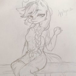 Size: 1080x1080 | Tagged: dead source, safe, artist:mayguay, character:applejack, species:anthro, species:earth pony, species:pony, braid, clothing, female, hat, lineart, shorts, sitting, solo, straw in mouth, text, traditional art