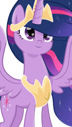 Size: 1080x1920 | Tagged: safe, artist:sallyso, character:twilight sparkle, character:twilight sparkle (alicorn), species:alicorn, species:pony, episode:the last problem, g4, my little pony: friendship is magic, crown, female, jewelry, mare, movie accurate, older, older twilight, peytral, princess twilight 2.0, regalia, simple background, smiling, solo, spread wings, white background, wings