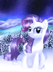 Size: 2880x3913 | Tagged: safe, artist:daedric-pony, character:rarity, species:pony, species:unicorn, cloud, female, fir tree, looking at you, snow, solo, starry night, tree, winter