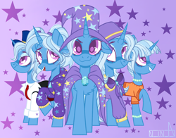 Size: 2620x2051 | Tagged: safe, artist:n in a, gameloft, character:trixie, species:pony, species:unicorn, abstract background, alternate hairstyle, babysitter trixie, bracelet, cape, chest fluff, clothing, cute, diatrixes, digital art, female, gameloft interpretation, hat, high res, hoodie, jewelry, looking at you, mare, necklace, ponidox, ponytails, raised hoof, self ponidox, simple background, smiling at you, starry eyes, trixie's cape, trixie's hat, wingding eyes