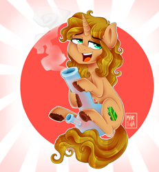 Size: 1295x1400 | Tagged: safe, artist:meqiopeach, oc, oc only, species:pony, species:unicorn, bong, circle background, curly hair, curly mane, cutie mark, fluffy, green eyes, high, hooves, looking at you, male, raised eyebrow, raised hoof, smiling, smoke, solo, stallion, stripes