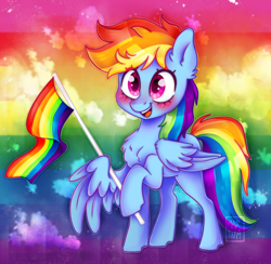 Size: 1334x1300 | Tagged: safe, artist:meqiopeach, character:rainbow dash, species:pegasus, species:pony, newbie artist training grounds, big eyes, blushing, chest fluff, cloud, color edit, colored, cute, dashabetes, female, flag, gay pride flag, messy mane, open mouth, pride flag, rainbow background, rainbow tail, raised hoof, raised leg, raised tail, simple background, smiling, solo, spread wings, wings