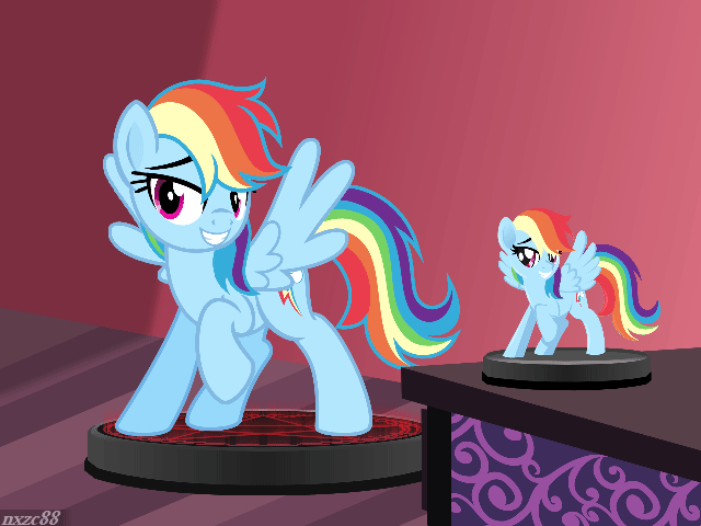 Size: 640x480 | Tagged: safe, artist:nxzc88, character:rainbow dash, species:pegasus, species:pony, animated, bedroom eyes, blinking, body control, bondage, curse, cute, dashabetes, female, figurine, forced smile, grin, gritted teeth, magic, magic circle, magical bondage, raised hoof, show accurate, smiling, solo, spread wings, struggling, trapped, voodoo, wings