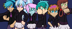 Size: 1700x684 | Tagged: safe, artist:enderboy1908, character:gallus, character:ocellus, character:sandbar, character:silverstream, character:smolder, character:yona, species:human, clothing, humanized, school uniform, student six, the young six