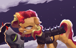 Size: 4000x2550 | Tagged: safe, artist:vanillaghosties, character:sunset shimmer, species:pony, species:unicorn, newbie artist training grounds, angry, armor, atg 2020, female, floppy ears, gritted teeth, helmet, magic, mare, mask, solo, sombra soldier