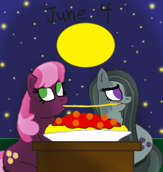 Size: 1280x1348 | Tagged: safe, artist:horroraceman93, character:cheerilee, character:marble pie, ship:marbilee, female, lady and the tramp, lesbian, night, pride month, shipping, spaghetti scene