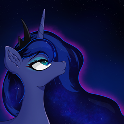 Size: 1024x1024 | Tagged: safe, artist:nathayro37, character:princess luna, species:alicorn, species:pony, bust, crown, ear fluff, ethereal mane, female, jewelry, lidded eyes, looking up, mare, night, portrait, profile, regalia, solo