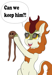 Size: 2348x3365 | Tagged: safe, artist:tazool, character:autumn blaze, species:kirin, belly button, benis, cute, exclamation point, female, gondola, holding, interrobang, meme, question, question mark, simple background, spurdo spärde