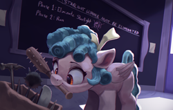 Size: 4000x2550 | Tagged: safe, artist:vanillaghosties, character:cozy glow, species:pegasus, species:pony, newbie artist training grounds, atg 2020, bag, bonesaw, chalkboard, chromatic aberration, cozybetes, cute, door, evil, female, filly, hammer, high res, implied murder, implied starlight glimmer, mace, mouth hold, pure concentrated unfiltered evil of the utmost potency, pure unfiltered evil, saw, solo, spiked club, this will end in death, this will end in tears, weapon