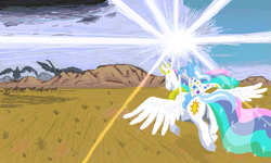 Size: 801x481 | Tagged: safe, artist:auraion, character:princess celestia, character:trixie, species:alicorn, species:pony, species:unicorn, fell beast, female, flying, gandalf, gandalf the white, glow, hoof hold, light, lord of the rings, magic, mare, nazgul, ponies riding ponies, riding, spread wings, staff, wings