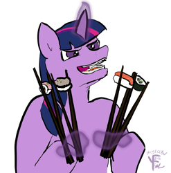 Size: 929x941 | Tagged: safe, artist:frostclaw, character:twilight sparkle, species:pony, newbie artist training grounds, atg 2020, chopsticks, female, food, simple background, solo, sushi, white background