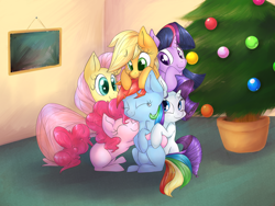 Size: 4000x3000 | Tagged: safe, artist:lilfaux, character:applejack, character:fluttershy, character:pinkie pie, character:rainbow dash, character:rarity, character:twilight sparkle, species:earth pony, species:pegasus, species:pony, species:unicorn, episode:hearth's warming eve, g4, my little pony: friendship is magic, eyes closed, female, freckles, group hug, hug, mane six, mare, smiling, tree