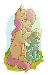 Size: 651x1020 | Tagged: safe, artist:kiwi4578, character:fluttershy, character:zephyr breeze, species:pegasus, species:pony, blank flank, brother and sister, chest fluff, colt, colt zephyr breeze, duo, ear fluff, female, filly, filly fluttershy, flower, flower in hair, folded wings, hair over one eye, male, mare, outline, partial background, siblings, simple background, sitting, transparent background, white outline, wings, younger