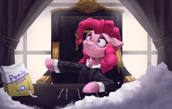 Size: 4000x2550 | Tagged: safe, artist:vanillaghosties, character:pinkie pie, species:earth pony, species:pony, newbie artist training grounds, g4, atg 2020, chair, clothing, female, food, implied drug use, mare, pinkie montana, scarface, shirt, smiling, solo, sugar (food), suit