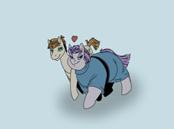 Size: 1652x1232 | Tagged: safe, artist:monterrang, character:maud pie, character:mudbriar, species:earth pony, species:pony, ship:maudbriar, blue background, duo, fat, female, floating heart, heart, male, maud pudge, shipping, simple background, smiling, straight, walking
