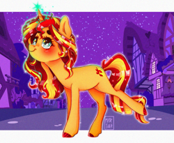 Size: 1105x905 | Tagged: safe, artist:meqiopeach, character:sunset shimmer, species:pony, species:unicorn, anime style, blushing, colored hooves, cute, ear fluff, female, fullbody, horn, magic, mare, night, ponyville, raised hoof, raised leg, shimmerbetes, shiny, smiling, smiling at you, solo, sparks, tail