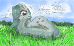 Size: 3200x2000 | Tagged: safe, artist:taika403, character:marble pie, species:lamia, biting, cloud, cute, danger noodle, female, grass, lamiafied, nom, original species, outdoors, snake pony, snek, solo, species swap, tail bite