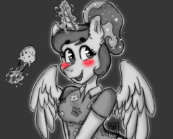 Size: 1074x861 | Tagged: safe, artist:meqiopeach, character:princess luna, species:alicorn, species:anthro, species:pony, episode:between dark and dawn, g4, my little pony: friendship is magic, blushing, clothing, cute, eyebrows, eyebrows visible through hair, female, flower, food, grayscale, holiday, horn, ice cream, ice cream cone, levitation, lunabetes, magic, mane, mint ice cream, monochrome, shirt, simple background, simple shading, sketch dump, solo, stars, telekinesis, wings