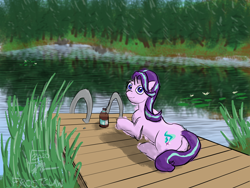Size: 4000x3000 | Tagged: safe, artist:frostclaw, character:starlight glimmer, species:pony, species:unicorn, newbie artist training grounds, alcohol, atg 2020, beer, female, lake, looking back, mare, pier, prone, solo, water