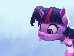 Size: 2150x1637 | Tagged: safe, artist:vanillaghosties, character:twilight sparkle, species:pony, newbie artist training grounds, atg 2020, blep, blue background, blushing, clothing, cross-eyed, cute, digital art, female, gradient background, mare, scarf, smiling, snow, snowflake, solo, striped scarf, tongue out, twiabetes