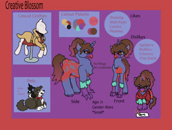 Size: 2654x2007 | Tagged: safe, artist:creative-blossom, oc, oc:creativeblossom, species:dog, species:hippogriff, species:pony, species:rabbit, species:unicorn, animal, clothing, colored, digital, drawing, female, front, mare, on side, pets, reference, reference sheet