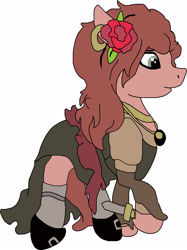 Size: 1936x2592 | Tagged: safe, artist:creative-blossom, species:earth pony, species:pony, anne bonny, assassin's creed iv black flag, assassins creed, clothing, color, dagger, digital, dress, dressed, ear piercing, earring, female, flower, flower in hair, full body, jewelry, knife, mare, piercing, shoes, weapon