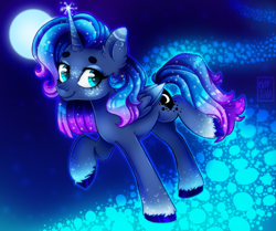 Size: 1147x960 | Tagged: safe, alternate version, artist:meqiopeach, character:princess luna, species:alicorn, species:pony, episode:luna eclipsed, g4, my little pony: friendship is magic, alternate design, alternate hairstyle, art, blushing, cute, cutie mark, design, ear fluff, ethereal mane, eyebrows, eyeshadow, female, fluffy, freckles, full background, future, galaxy mane, looking back, lunabetes, magic, makeup, moon, path, princess, raised hoof, raised tail, smiley face, solo, sparkles, stars, tail