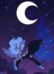 Size: 1518x2048 | Tagged: safe, artist:n in a, character:nightmare moon, character:princess luna, species:alicorn, species:pony, cloud, constellation, crescent moon, crying, female, moon, night, night sky, s1 luna, sky, solo, stars, teary eyes