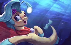 Size: 4000x2550 | Tagged: safe, artist:vanillaghosties, character:princess skystar, species:seapony (g4), newbie artist training grounds, g4, my little pony: the movie (2017), absurd resolution, angler seapony, atg 2020, bioluminescent, bubble, crepuscular rays, cute, digital art, female, fin wings, fins, fish tail, flower, flower in hair, freckles, glow, jewelry, necklace, open mouth, pearl necklace, skyabetes, smiling, solo, swimming, underwater, water, wings