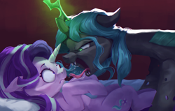 Size: 4000x2550 | Tagged: safe, artist:vanillaghosties, character:queen chrysalis, character:starlight glimmer, species:changeling, species:pony, species:unicorn, newbie artist training grounds, atg 2020, bed, changeling queen, fangs, high res, hissing, lying on bed, on bed, open mouth, starlight vs chrysalis, tongue out