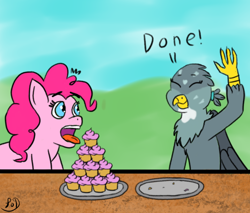 Size: 1000x850 | Tagged: safe, artist:paw-of-darkness, character:gabby, character:pinkie pie, species:earth pony, species:griffon, species:pony, newbie artist training grounds, atg 2020, cupcake, cute, food, gabbybetes, plates, surprised