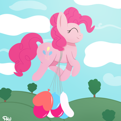 Size: 1800x1800 | Tagged: safe, artist:ponyxwright, character:pinkie pie, species:earth pony, species:pony, newbie artist training grounds, atg 2020, balloon, cloud, cute, diapinkes, eyes closed, female, floating, happy, heart balloon, in which pinkie pie forgets how to gravity, mare, pinkie being pinkie, pinkie physics, smiling, solo, then watch her balloons lift her up to the sky, tree