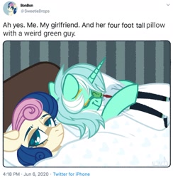 Size: 1881x1927 | Tagged: safe, artist:n in a, character:bon bon, character:lyra heartstrings, character:sweetie drops, oc, oc:anon, species:earth pony, species:human, species:pony, species:unicorn, ship:lyrabon, ah yes me my girlfriend and her x, bed, blanket, body pillow, bon bon is not amused, eyes closed, female, hug, human male, humie, lesbian, lyra doing lyra things, male, mare, meta, pillow, pillow hug, shipping, sleeping, text, that pony sure does love humans, twitter, unamused, wife and wife